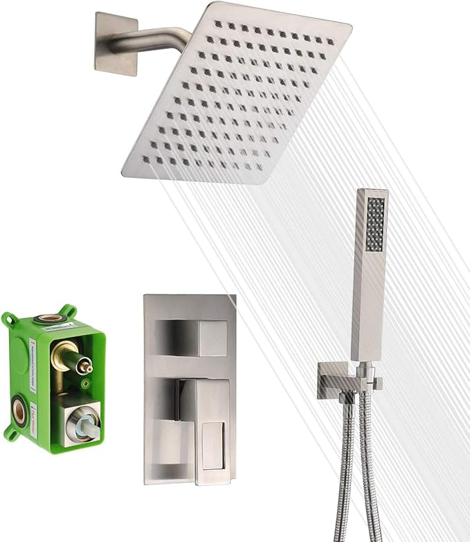 SUMERAIN Bathroom Shower Faucet System Brushed Nickel | Brass Rough-in Valve Included, 8" Stainless Steel Rain Shower Head, Brass Hand Shower, Hand Shower, Concealed Box Design