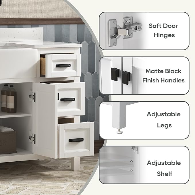 48 Inch Bathroom Vanity with Sink, Farmhouse Bathroom Sink Cabinet with Adjustable Feets, Solid Wooden Frame Single Sink Bathroom Vanity with Soft Closing Doors, Apron Farm Sink, White