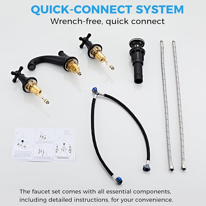 Vintage Widespread Bathroom Faucet, 3-Hole Sink Faucet with Drain Assembly, Solid Brass, Drip-Free Ceramic Cartridge, Adjustable 8-16 Inch Installation Matt Black