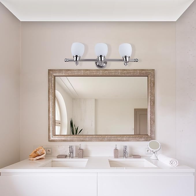 Globe Electric 51229 Jayden 5-Piece All-in-One Bathroom Set, Satin Nickel, 3-Light Vanity Light with White Opal Glass Shades, Towel Bar, Toilet Paper Holder, Towel Ring, Robe Hook