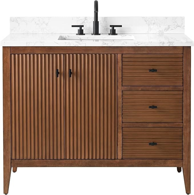 Vanity Art 42 inch Walnut Bathroom Vanity with Single Sink & Ceramic Top, Vanity Cabinet with Soft-Closing Door, Solid Wood Frame, Linear Pattern, Walnut, VA9142-Walnut-MB,Matte Black Handles
