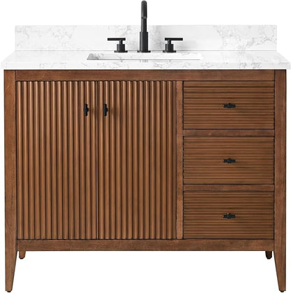 Vanity Art 42 inch Walnut Bathroom Vanity with Single Sink & Ceramic Top, Vanity Cabinet with Soft-Closing Door, Solid Wood Frame, Linear Pattern, Walnut, VA9142-Walnut-MB,Matte Black Handles