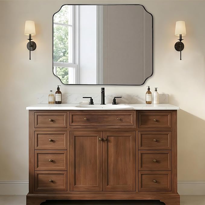 32x40 Black Scalloped Bathroom Vanity Mirror | Rust-Proof Stainless Steel Frame, Scalloped Notched Corner, Mount Vertically or Horizontally, Ideal for Bathroom, Powder Room