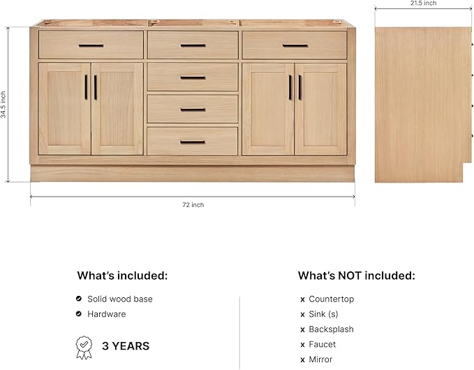 ARIEL Hepburn 72-inch Bathroom Vanity Base Cabinet,Solid Wood, 4 Soft Closing Doors, 6 Dovetail Drawers, White Oak