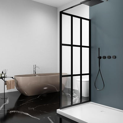 34x72 Matte Black Walk-In Shower Screen, 1/4" Tempered Glass with Frame | Metal Finish Grid Pattern, Aluminum Alloy Frame, Stainless Steel System, Reversible Installation, Easy to Assemble, No Base