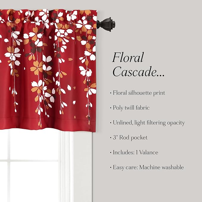 Lush Decor Valance Weeping Flower Light Filtering Window Curtain, Red