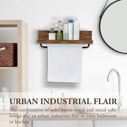 MyGift Bathroom Shelf with Towel Bar 22 Inch, Bath Towel Holder Rack Hanger, Wall Mounted Bathroom Display Storage Shelf, Rustic Burnt Wood with Industrial Metal Pipe