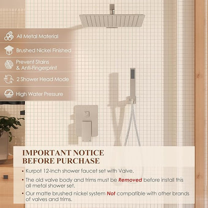Shower System, 12 Inch Bathroom Shower Faucet Set, Brushed Nickel Shower Head and Handle Set, Shower Faucet with Valve and Shower Trim Kit, High Pressure Rain Shower Head Set, Wall Mounted