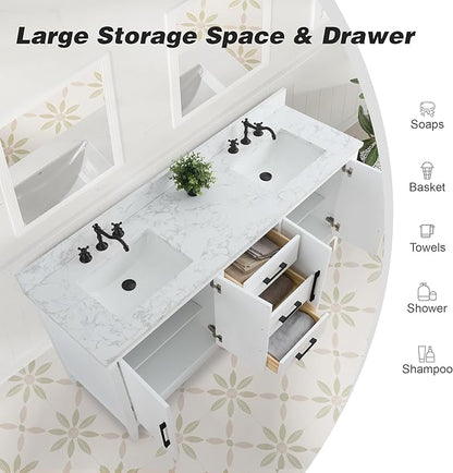 HomeBeyond 72 Inch Bathroom Vanity with Sink & Ceramic Top, Double Vanity Cabinet with Basin, Soft-Closing Doors & Matte Black Hardware, White