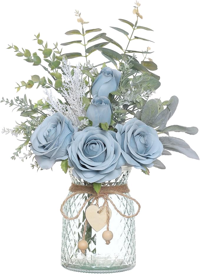 14.5"Faux Flowers with Vase,Artificial Silk Roses in Vase(Dusty Blue) | Realistic Fake Plant Faux Eucalyptus,Flower Arrangement for Home Office Farmhouse Bathroom Dining Table Centerpiece Decor