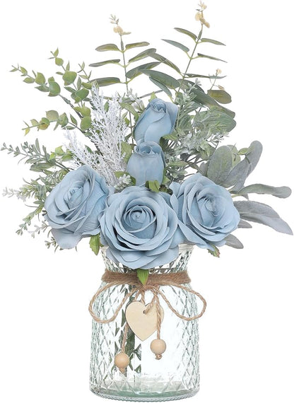 14.5"Faux Flowers with Vase,Artificial Silk Roses in Vase(Dusty Blue) | Realistic Fake Plant Faux Eucalyptus,Flower Arrangement for Home Office Farmhouse Bathroom Dining Table Centerpiece Decor