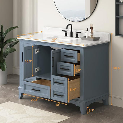 48 Inch Bathroom Vanity with Sink, Modern Bathroom Vanity with White Quartz Countertop, Solid Wood Frame Bathroom Sink Cabinet with Soft Closing Doors & Dovetail Drawers, Steel Blue
