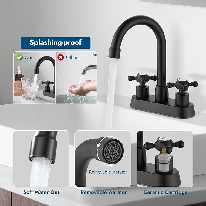 4 Inch Centerset Bathroom Faucets Double Cross Handle Bathroom Sink Faucet Deck Mounted Vintage RV Farmhouse Vanity Basin Mixer Tap with Pop up Drain,Matte Black