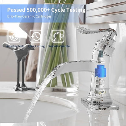 BWE Chrome Bathroom Faucet Waterfall Sink Vanity Single Hole Faucets Restroom Bath One Handle Basin centerset with Pop Up Drain Stopper Mixer Tap Overflow Supply Line