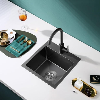18"x18" Drop-In Single Bowl Sink 18 Gauge 304 Black Steel 1-Hole | 18 inch Black Drop-in Sink | 9" Deep Basin | Topmount/Overmount | 1-hole | Single Bowl | Small Kitchen/Wet Bar