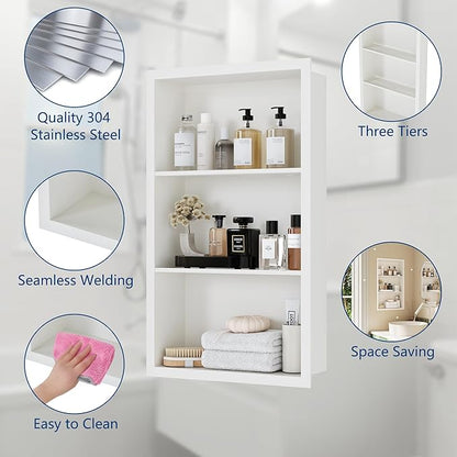 14x24 Recessed Medicine Cabinet, Medicine Cabinet No Mirror, 304 Stainless Steel Medicine Wall Niche with 3-Tiers Shelves, Matte White