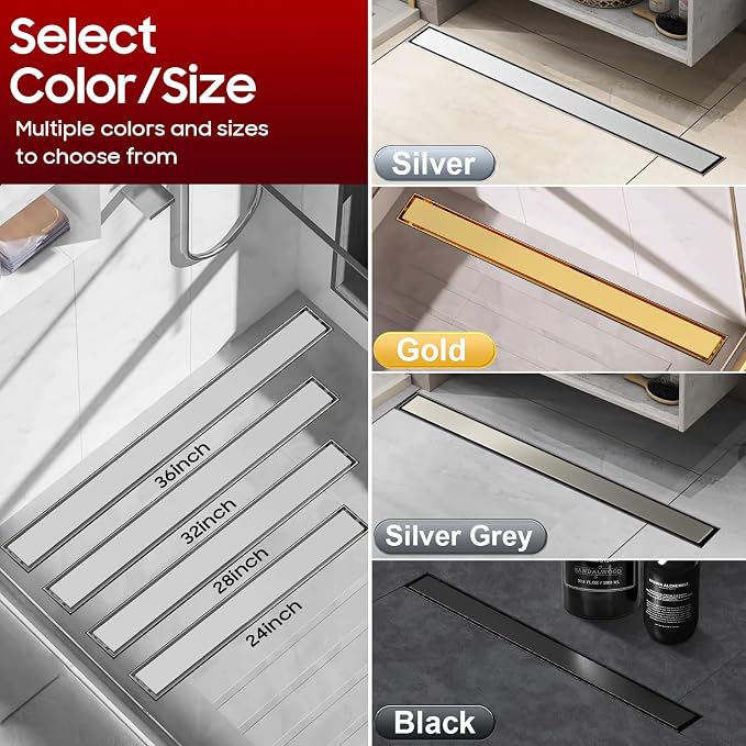 DLONE® Linear Shower Drain - 32 Inch Brushed Nickel, with Tile Insert Panel | AISI 304 Stainless Steel Linear Drain, Rectangle Shower Floor Drain, with Adjustable Feet, Fits Bathroom & Balcony etc
