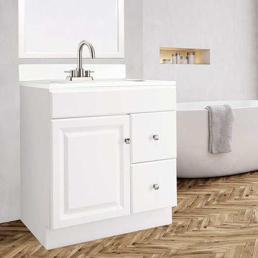 Design House Wyndham Bathroom Vanity, Solid Wood Construction, 1-Door, 2 Drawers, for 25-in. x 19-in. Vanity Tops, Easy-to-Assemble, White, 30.0 in. W x 18.0 in. L x 30.0 in. H, 597203