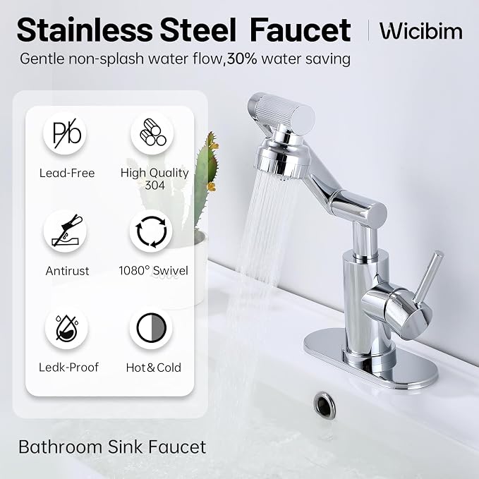 Wicibim Chrome Bathroom Sink Faucet, Stainless Steel 1080° Rotatable, Single Handle, 1 or 3 Hole, 2 Water Outlet Modes with Hot and Cold Hoses,Swivel Faucet