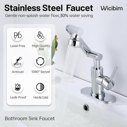 Wicibim Chrome Bathroom Sink Faucet, Stainless Steel 1080° Rotatable, Single Handle, 1 or 3 Hole, 2 Water Outlet Modes with Hot and Cold Hoses,Swivel Faucet