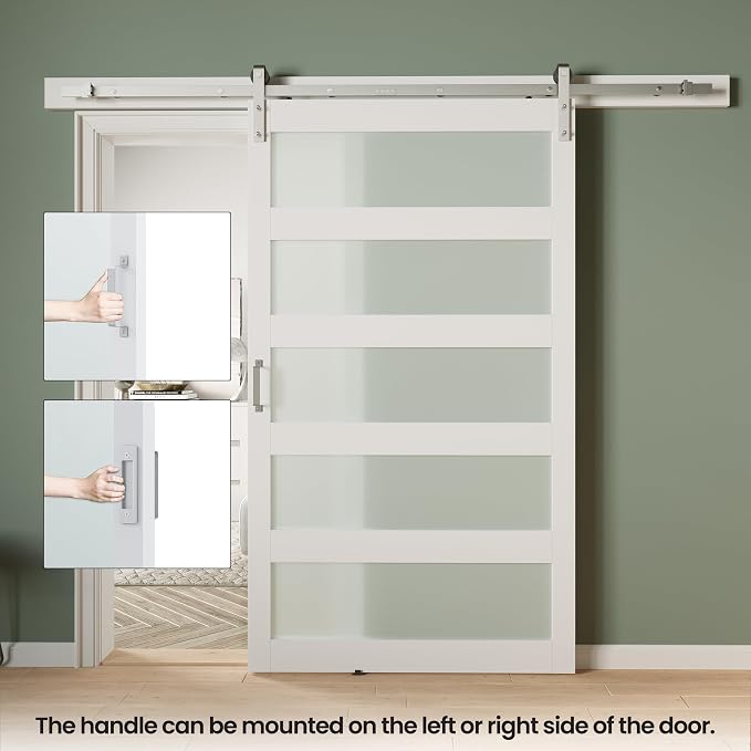 48in x 84in White Sliding Glass Barn Door with 5-Panel Frosted Glass | with 8ft Brushed Nickel Hardware Kit & Handle, Pre-Drilled Holes Easy Assembly, Covered with Water-Proof PVC Surface