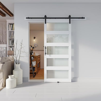36'' x 80'' Glass Barn Door and 6.6Ft Hardware Kit Included White | MDF White Barn Door Slab with Frosted Glass, PVC Surface, Combined with Handle and Floor Guide-Assembly Required