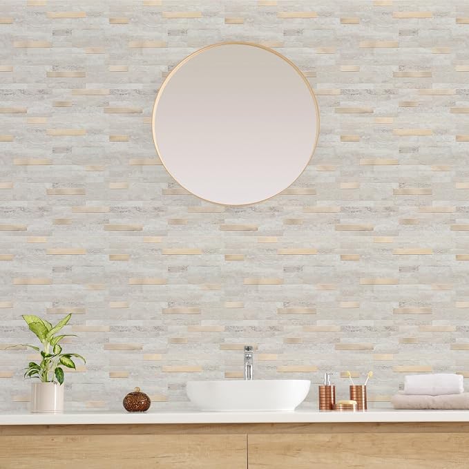 STICKGOO Peel and Stick Backsplash, PVC Wall Tiles Stick on Backsplash for Kitchen(1 Sheet, Beige with Metal Gold)