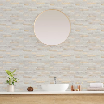 STICKGOO Peel and Stick Backsplash, PVC Wall Tiles Stick on Backsplash for Kitchen(1 Sheet, Beige with Metal Gold)