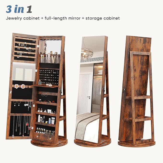 DUMOS 6 LEDs Standing Jewelry Armoire Cabinet, Full Length Mirror, Lockable | 360° Swivel, Jewelry Organizer and Storage, Build-in Mirror, Foldable Makeup Tray, Additional Storage Shelf, Rustic Brown