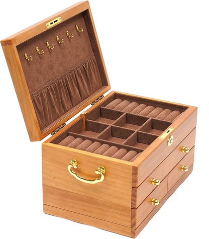 Extra Large 3 Layers Wooden Jewelry Box Jewelry Case Cabinet Armoire Ring Necklacel Gift Storage Box Organizer(3 layers,6 built-in hooks)