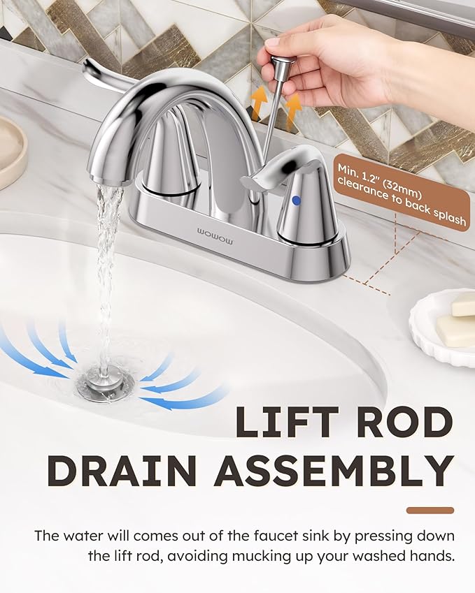 WOWOW Bathroom Faucet 2 Handle 4 Inch Centerset Bathroom Sink Faucet Lead-Free Basin Mixer Tap Lift Rod Drain Stopper, Two-Handle Center-Set Lavatory Faucet Chrome