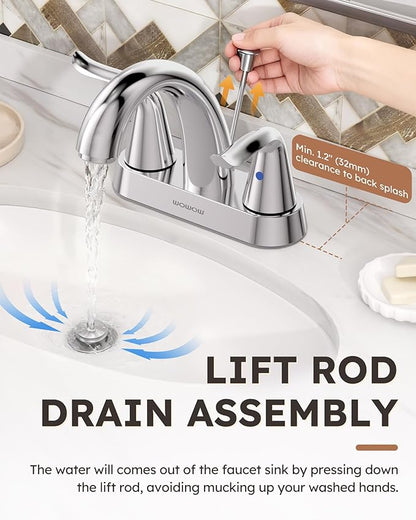 WOWOW Bathroom Faucet 2 Handle 4 Inch Centerset Bathroom Sink Faucet Lead-Free Basin Mixer Tap Lift Rod Drain Stopper, Two-Handle Center-Set Lavatory Faucet Chrome