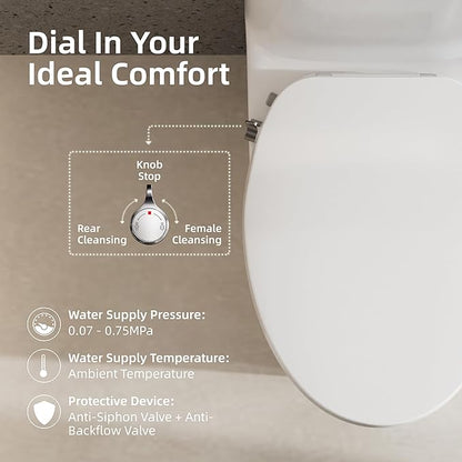 BRAVAT® Non-Electric Bidet Toilet Seat Elongated, Adjustable Water Pressure, Self-Cleaning Dual Nozzles, Easy 15-Min Installation, Ambient Water & Soft-Close, Front & Rear Wash, CUPC Certified, White