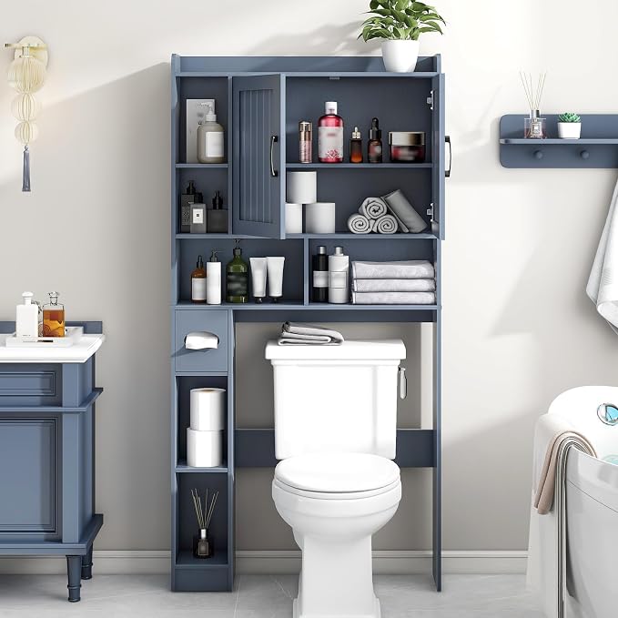 Vabches Farmhouse Over The Toilet Storage Cabinet with Barn Door, Blue | Storage Cabinet Over Toilet, Home Space-Saving Toilet Rack, for Bathroom, Restroom, Laundry