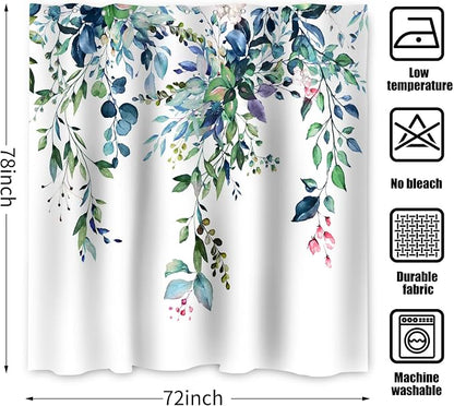 Eucalyptus Extra Long Shower Curtain, Watercolor Green Leaves Plant Floral Spring Nature Waterproof Fabric Machine Washable with Hooks for Bathroom Bathtub 72Wx78H