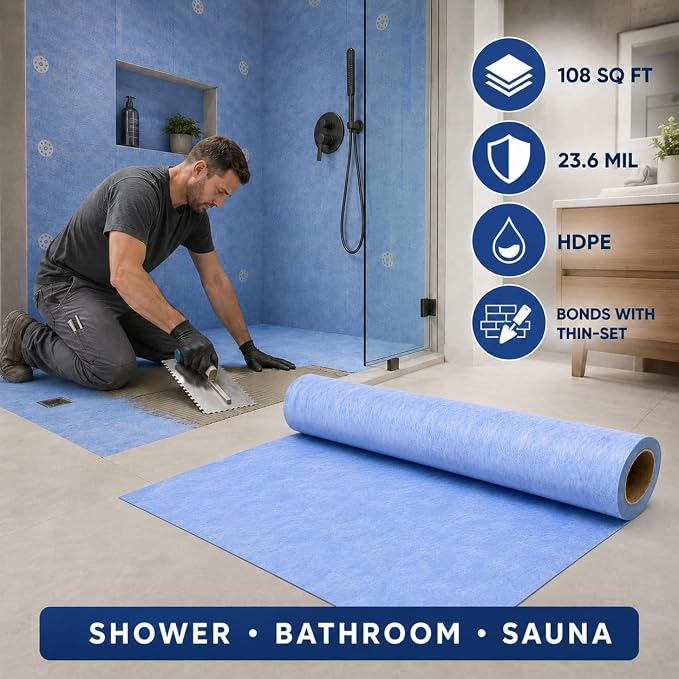 Shower Waterproofing Membrane Roll, 3.3x33 FT, 108 Sq Ft, 23.6 Mil | Blue HDPE membrane for tile shower walls, floors, bathrooms and saunas; bonds with thin-set mortar for reliable installation