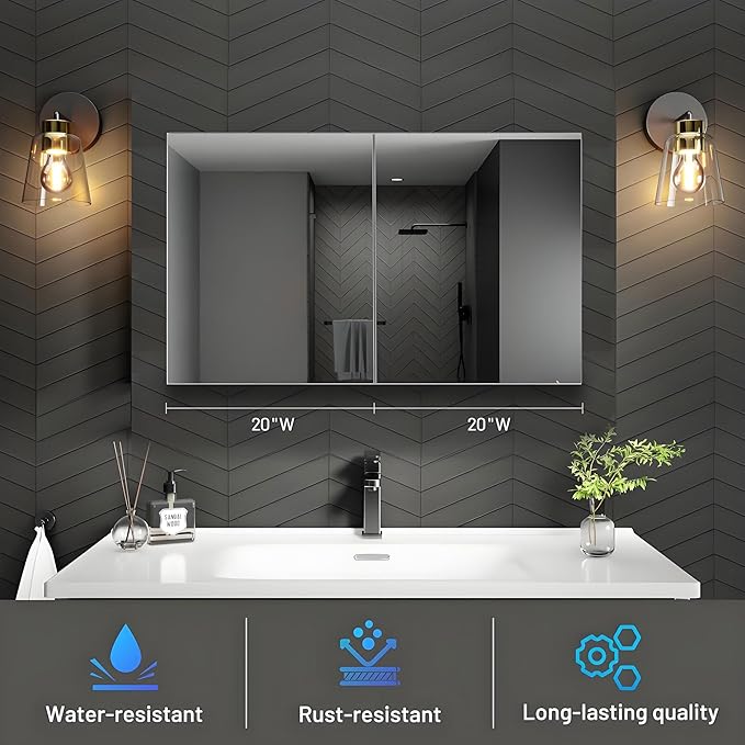 40 x 24 Medicine Cabinet Mirror for Bathroom,Assembly Required,Aluminum Alloy Frame,Surface-Mount Only,Mirrored Side Panel,Adjustable Shelves,Bathroom Medicine Cabinet with Mirror