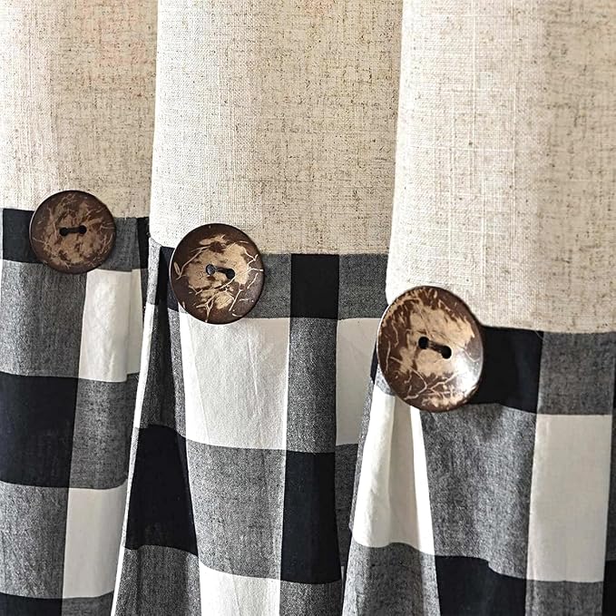 DOSLY Ides Linen Button Farmhouse Shower Curtain, Linen and Cotton Fabric, Pleated Black and White Buffalo Plaid Checked Pattern, Country Style, 72x72 in