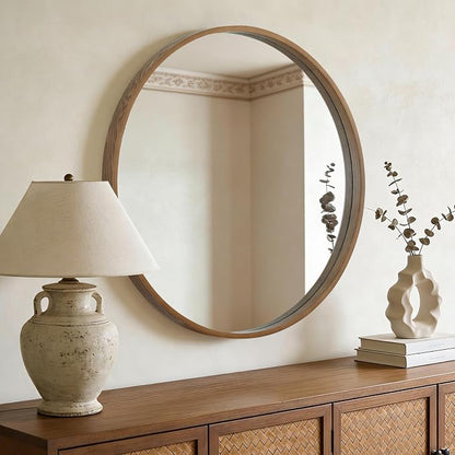 Round Wood Mirror, 32" Round Modern Decoration Large Circle Wall Mirror for Bathroom Living Room Bedroom Entryway, Walnut