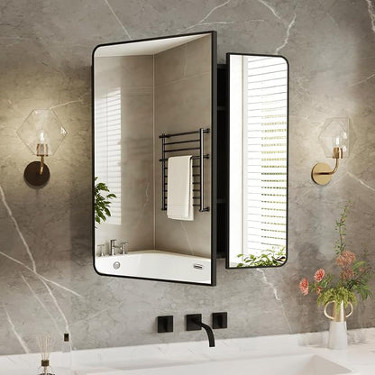 Medicine Cabinet Mirror 30x32 Inch, Black Bathroom Mirror Cabinet with Stepless Adjustable Shelves, Double Doors Metal Framed, Bathroom Mirror with Storage Recessed or Wall Mount
