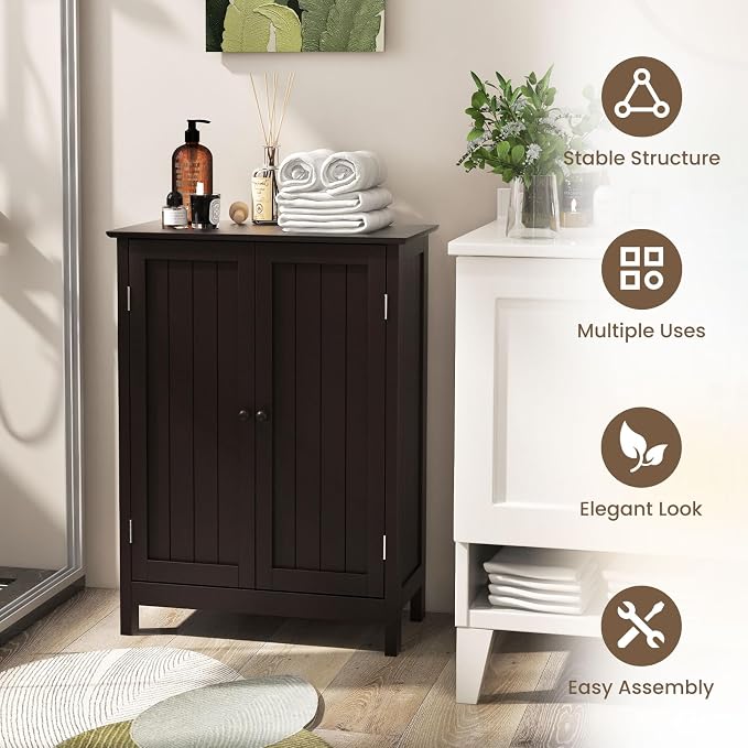 COSTWAY Bathroom Storage Cabinet, Freestanding Bathroom Organizers and Storage with Doors & Adjustable Shelf, Wooden Floor Cabinet for Home, Living Room, Entryway, Kitchen (Brown) | Storage with Doors & Adjustable Shelf, Wooden Floor Cabinet for Home, ...