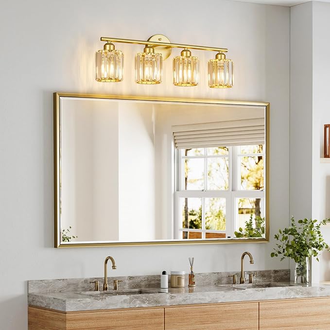Modern 4 Light Crystal Vanity Light, Gold Vertical Bathroom Light Fixture Over Mirror for Dressing Table Sink, Compatible with Dimmable Bulbs (Bulbs Not Included)