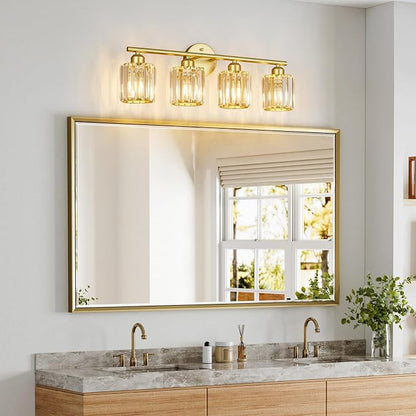 Modern 4 Light Crystal Vanity Light, Gold Vertical Bathroom Light Fixture Over Mirror for Dressing Table Sink, Compatible with Dimmable Bulbs (Bulbs Not Included)
