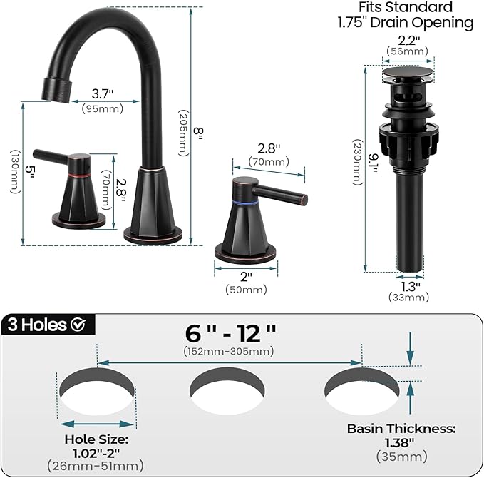 Bathroom Faucet 3 Hole,Oil Rubbed Bronze Bathroom Sink Faucet with 360°Swivel Spout, 8 inch Widespread 2 Handle Faucet for Bathroom Sink Vanity RV with Pop-up Drain Supply Line Stainless Steel