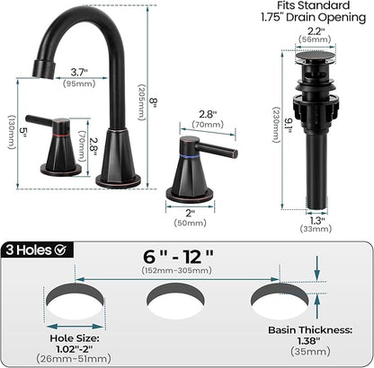 Bathroom Faucet 3 Hole,Oil Rubbed Bronze Bathroom Sink Faucet with 360°Swivel Spout, 8 inch Widespread 2 Handle Faucet for Bathroom Sink Vanity RV with Pop-up Drain Supply Line Stainless Steel