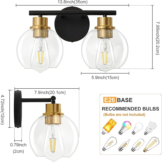 2-Light Bathroom Light Fixtures Black and Gold Vanity Light 13.8 inch Bathroom Lights Over Mirror with Clear Glass Globe Shade, Vanity Lights for Bathroom Kitchen Living Room