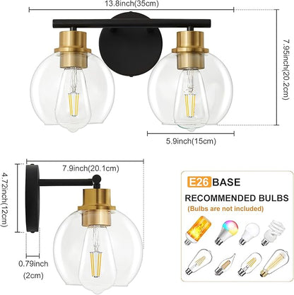2-Light Bathroom Light Fixtures Black and Gold Vanity Light 13.8 inch Bathroom Lights Over Mirror with Clear Glass Globe Shade, Vanity Lights for Bathroom Kitchen Living Room