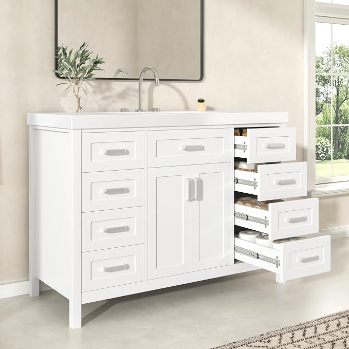 48" Bathroom Vanity with Resin Sink, Cabinet with Soft-Closing Drawers and Doors, Simple & Modern Style, Solid Wood Frame, White