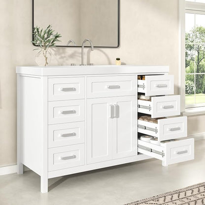 48" Bathroom Vanity with Resin Sink, Cabinet with Soft-Closing Drawers and Doors, Simple & Modern Style, Solid Wood Frame, White