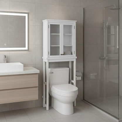 Alaterre Furniture Dorset Over-The-Toilet Storage Cabinet with Tempered Glass Doors – White Wood Bathroom Space Saver Organizer with Adjustable Shelves, Hutch & Wall Mount Hardware